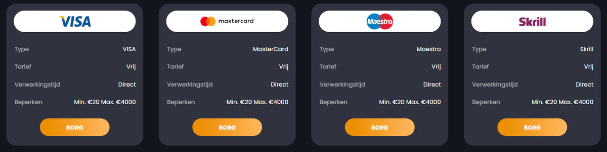 Bitkingz Casino betaalmethoden Visa, Mastercard, Maestro en Skrill met directe verwerking, geen kosten en stortingslimieten van €20 tot €4000