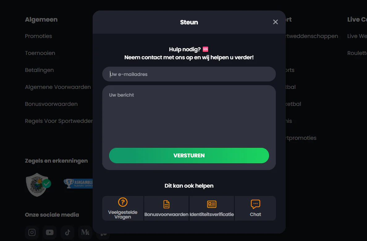 Bitkingz Casino klantenservice met een contactformulier voor e-mail en berichten, veelgestelde vragen, bonusvoorwaarden, identiteitsverificatie en chatondersteuning